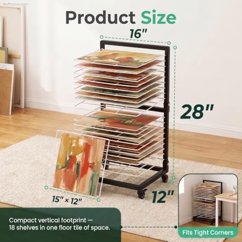 Image of OFFICEROO Art Drying Rack for Classroom & Preschool - 18-Shelf Mobile Paint Drying Rack, Canvas & Paper Drying Rack for Art Storage (Black&White)