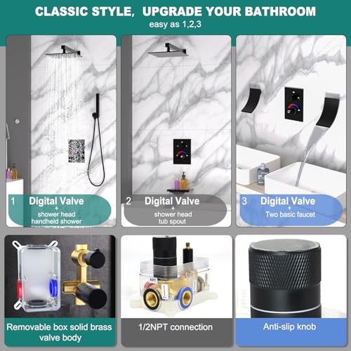 Válvula mezcladora de ducha con display digital, desviador 2 vías con kit de acabado | Mezcladora de latón con lector de temperatura para remodelación nueva, NPT1/2, negro mate miniatura 4
