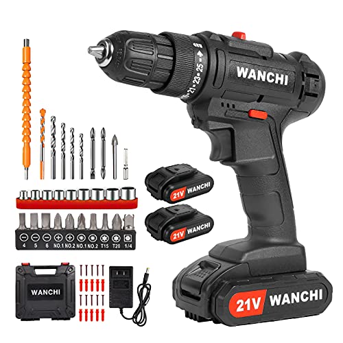 Cordless Drill with 2 Batteries and Charger,WANCHI 21V Power Drill Cordless, Portable Electric Drill with 3/8 Keyless Chuck, 25+1 Torque Setting.