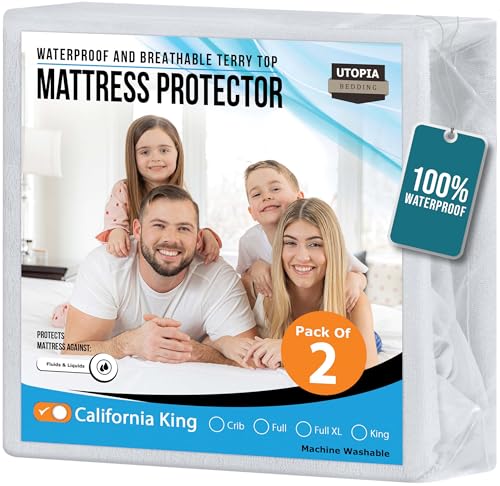 Utopia Bedding Waterproof Mattress Protector California King Size 2 Pack, 200 GSM Breathable Terry Mattress Cover, Fitted Style with Stretchable Pockets (White)