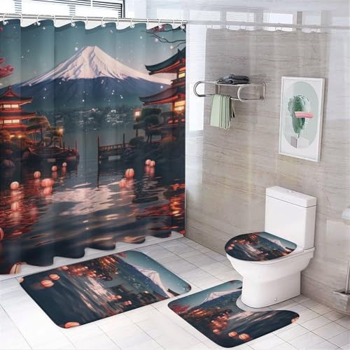 AYAROS Duschvorhang-Set mit Retro-Laternen, klassische Stadt, schneebedeckter Bergsee, modernes...