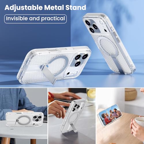 Image of ZORBES Compatible with iPhone17 Pro, TPU Fashion Honeycomb Clear Phone Case with Folding Metal Bracket, Magnetic Attracting Ring for Wireless Charging & Magnetic Car Mounts