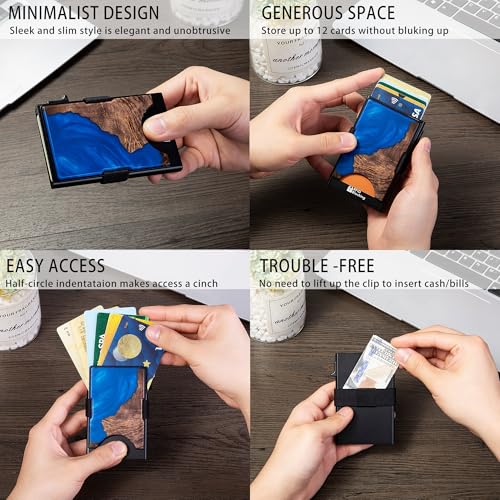 Image of Slim Card Holder Wallet for Men, Minimalist RFID Blocking Pop Up Wallet, Smart Metal Business Card Case Holds 12 Cards, Ultra-Thin Front Pocket Wallet, Gifts for Men