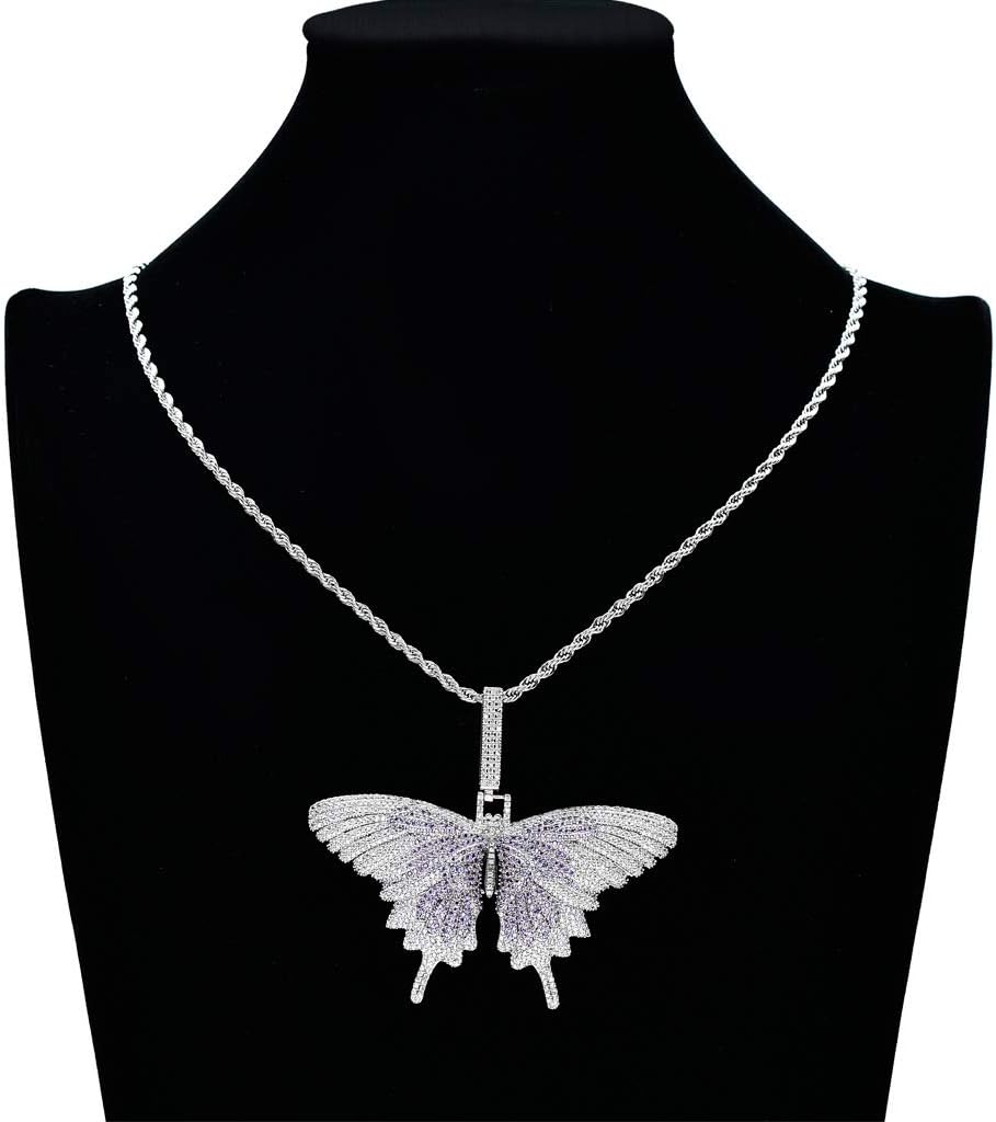 Iced Out Necklace for Men - Hip Hop Butterfly Pendant - Copper Plated 18K Gold Micro Inlaid Zircon with 24in Rope Chain Hip Hop Rapper Jewelry Giftting