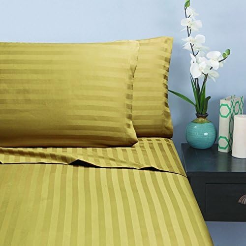 Elegant Comfort Wrinkle & Fade Resistant 1500 Thread Count - Damask Stripes Egyptian Quality Luxurious Silky Soft 4pc Sheet Set, Up to 16" Deep Pocket, California King, Gold