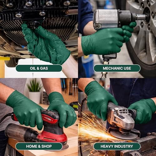 TitanFlex Heavy Duty Nitrile Gloves, 6 Mil Dark Green Raised Diamond Texture, Mechanic Disposable Gloves, Latex Free
