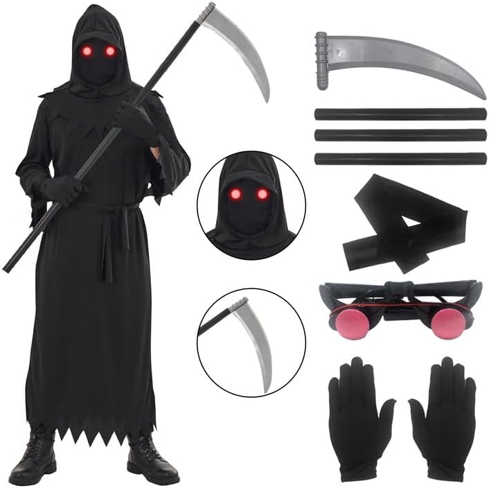 Grim Reaper - Disfraz de Halloween con armas, gafas brillantes y máscara para adultos y niños