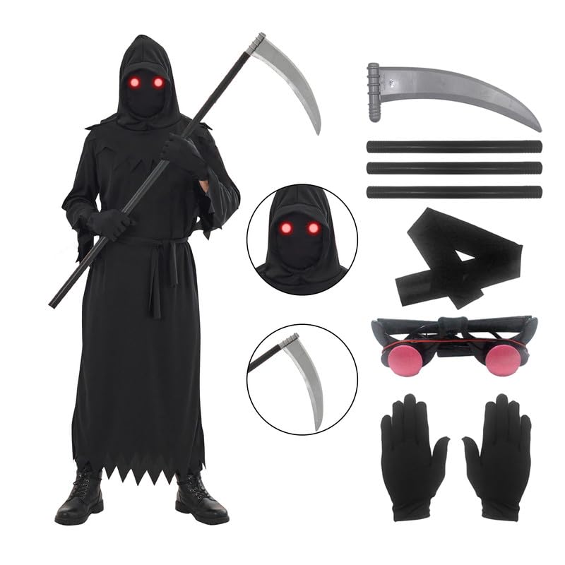 Udekit Grim Reaper Halloween Carnival Cosplay Disfraz con Guadaña de la Muerte y Guantes Gafas Brillantes y Máscara