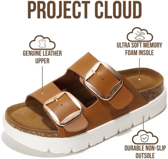 Project Cloud 100% Genuine Leather Platform Sandals Women Footwear - Wedge Chunky Slides for Women 2026 with Memory Foam Insole & Cork Footbed Womens Sandals (GreeceChunky) - Image 3