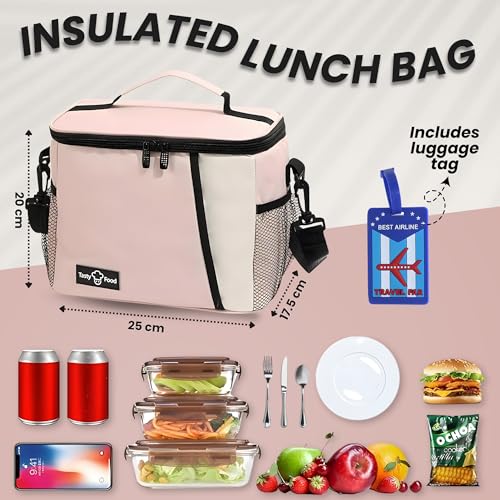 Image of OCEANEVO Insulated Lunch Bag with Luggage Tag, Tiffin Bag for Office with Handle and Shoulder Strap for Men and Women - 25 x 17.5 x 20 Cm - Pink