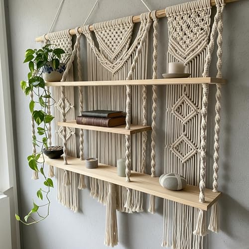 Image of Decazone Large 3-Tier Macrame Wall Hanging Shelf | Handmade Wooden Bookcase & Boho Wall Decor | Rustic Storage Organizer for Home, Office, School, Study Room Open Display & Utility