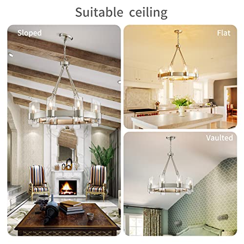 Image of WUZUPS Wagon Wheel Chandelier 8-Light with Clear Glass Industrial Modern Farmhouse Round Light Fixture for Dining Room Kithen Island Foyer, Width 26 inch Height 22 inch, Nickel