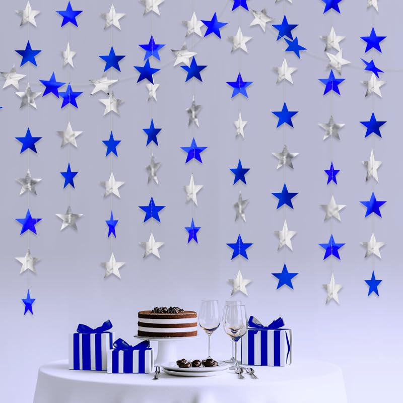 Image of Blue Silver Shining Star Hanging Garland Blue Silver Hanging Sparkling Star Streamer Bunting Banner Twinkle Backdrop for Wedding Baby Shower Birthday Christmas Decorations 40 Feet