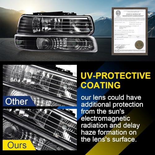 Image of GRAND ORANGE Front Headlight Assembly+ Bumper Lights Lamps Compatible with Chevy Silverado 1999-2002, Fit Tahoe Suburban 2000-2006 15199559, 15199558, 16526134 Chrome Housing Clear lens Corner 4pcs