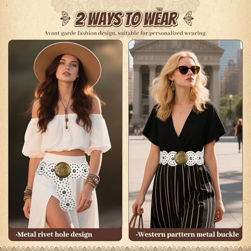 Western Leather Belts for Woman Boho Cowgirl Wide Disc Belt for Women Concho Cowboy Waist Belts for Dress (White-bronze Buckle, 41'' (fits waist size up to 37''))3