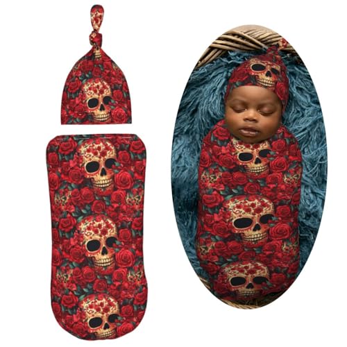Image of Red Floral and Skulls Newborn Swaddle Blankets Hat Sets Soft Baby Receiving Blanket Swaddle Sack for Baby Shower Infant Boy Girl Gift
