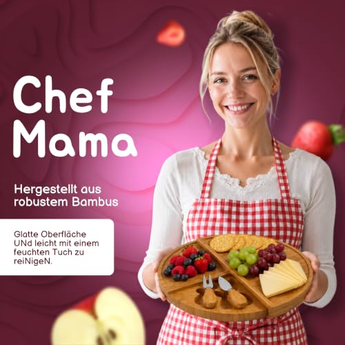 Bambus Käsebrett mit Käsemesser Set, 4 Lagen Rundes Käseplatte Servierbrett für Käse und Häppchen, Charcuterie Board, Drehplatte Servierplatte Holz drehbar, Serving Plate mit Käsemessern – Bild 3