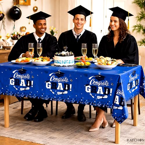 Image of Graduation Tablecloth, Graduation Decorations 2026, Pack of 3, 54 x 108 Inches, Plastic Graduation Table Decorations 2026, Disposable Rectangle Blue Black Table Cover, Congrats Grad Table Cloths