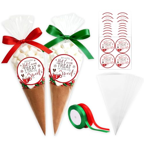 50 Set Hot Chocolate Bar Accessories Cone Cellophane Bag Chocolate Marshmallow Bags with Hot Cocoa Label Ribbon for Christmas Hot Cocoa Station Decoration