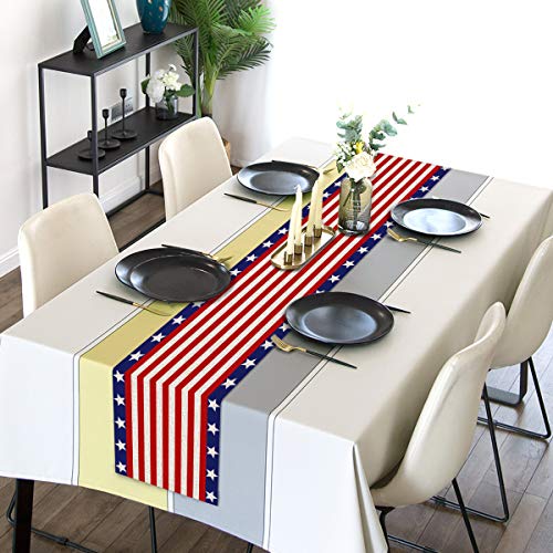 Sunwer GXW-1288 Linen 13X72'' Veterans Day Table Runner Labor Day American Stars And Stripes Flag Independence Day Kitchen Dining Room Table Patriotic Decoration thumb #1