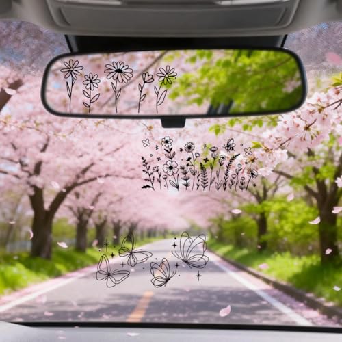 PRESSINART 6Pcs 3 Styles Flower Car Mirror Stickers Butterfly 2 x 4 Inch Black Waterproof for Cars Auto Trucks, Rear View Mirror Vinyl Decal Decorative Accessories for Tumbler Laptop Bottle Decoration