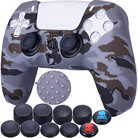 9CDeer 1 Piece of Silicone Transfer Print Protective Cover Skin + 10 Thumb Grips for Playstation 5 / PS5 / Dualsense Controller Camougrey Cover