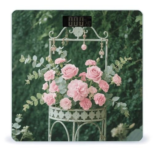 Báscula Digital Floral Rosa con Pantalla LCD y Vidrio Templado