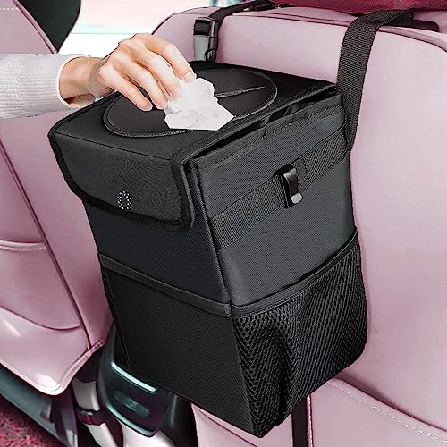Image of House of Quirk Polyester Manual-Lift Car Trash Can With Foldable Lid And Storage Pockets, Leak-Proof Multipurpose Hanging Bag (Black)