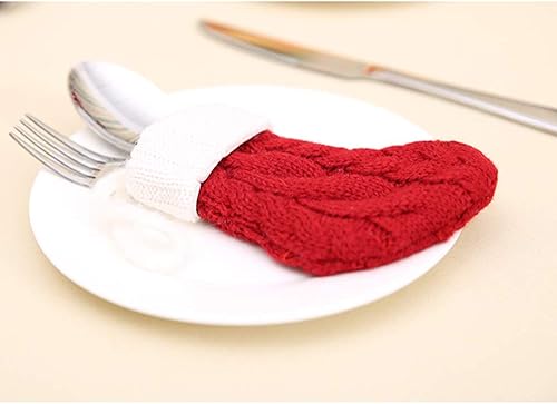 Miniatura 5 de Juego de 6 soportes para cubiertos de Navidad, calcetines de Navidad de punto rojo, fundas para cuchillos y tenedores para decoración de fiesta de