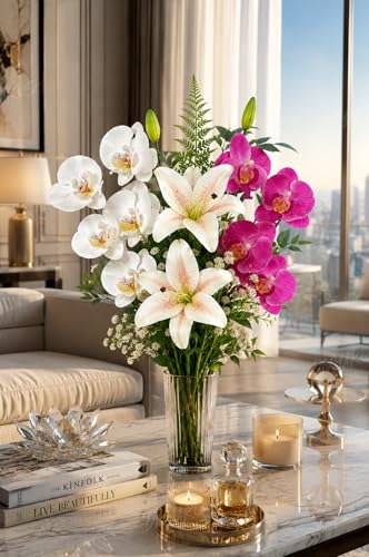Image of Divyakosh Artificial Flowers Bunch (Vase Not Included). Artificial Flower for Vase, Flower Bouquet Gift with Orchid & Lily Pink White Arrangement for Living Room, Table, Centerpiece, Decor