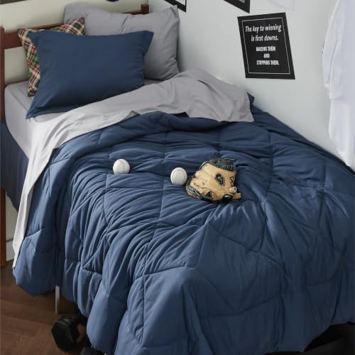 Image of Bedsure Twin Comforter Set - 5 Pieces Reversible Navy Bedding, Twin Size Bed Set for All Seasons, Bed in a Bag with Down Alternative Comforter, Sheets, Pillowcase & Sham