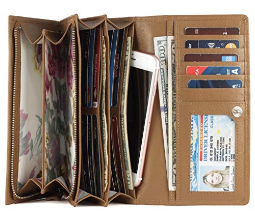 Image of Women's Top Grain Leather Wallet, RFID Blocking Bifold clutch, 17 Card Slots, Zip Pocket Organizer, Elegant Gift for Women - Birthday, Valentine, Anniversary - BEIGE