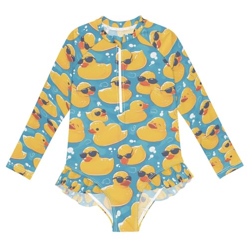 ALAZA Duck Blue Yellow Girls One Piece Swimsuit Long Sleeve Rash Guard Swimsuits UV 50+ Swimwear Zipper