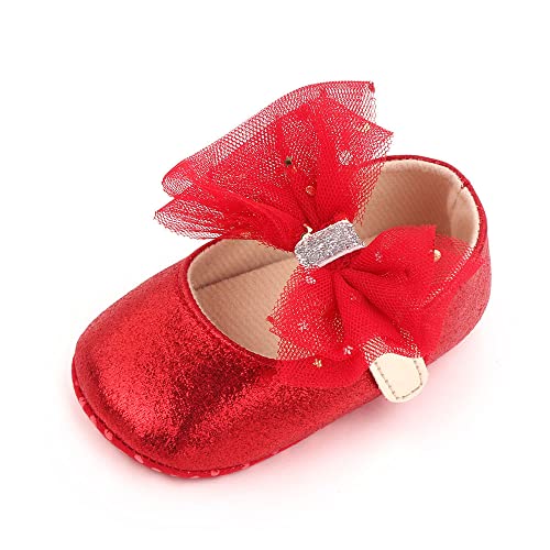 SABATUTU Infant Baby Girls Princess Wedding Dress Mary Jane Flats,Toddler Soft Sole Prewalker Sparkly Lightweight Shoes (a13/Red, 12-18months)