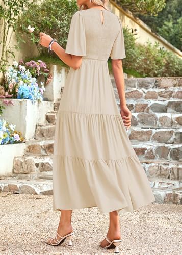 Image of KIRUNDO Summer Dresses for Women 2026 Spring Casual Flutter Short Sleeve Wedding Guest Smocked Flowy Tiered Aline Midi Dress