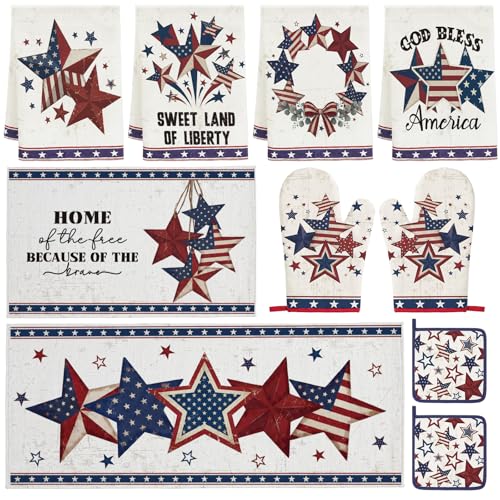 Lounsweer 10 Pcs 4th of July Kitchen Decor Set and Accessories Patriotic Kitchen Towels Oven Mitts and Rugs Pot Holders 250 Anniversary Red Blue and White Independence Day Gifts for Baking Cooking