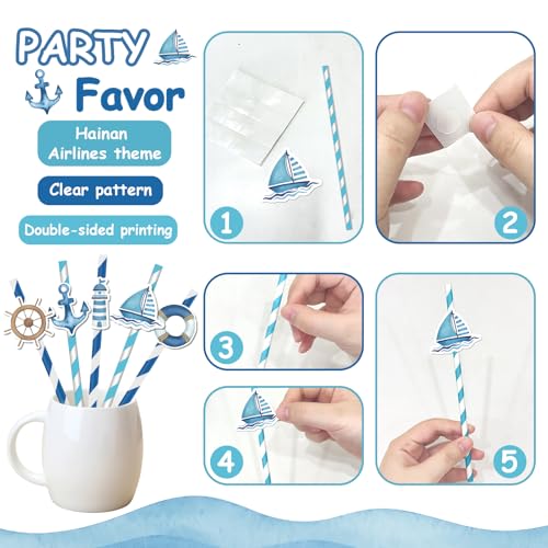 50 pitillos de papel náuticos azul marino rayados miniatura 7