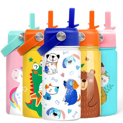 Image of SANDJEST Dog Water Bottle - Kids Water Bottle with Straw Lid - 12 Oz Insulated Stainless Steel Water Bottles for Kid Boys - Travel Cup for School Sports