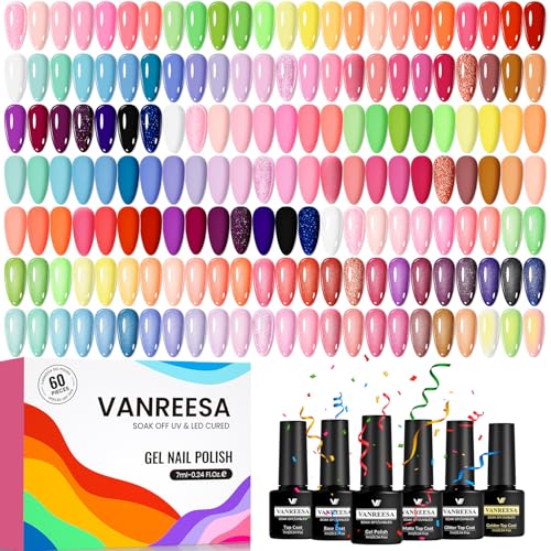 VANREESA 60 Piezas Esmaltes Semipermanentes para Uñas, 55 Colores Rose Jaune Orange Bleu Violet Esmaltes Semipermanente Colección Bonbons con Base Top Coat, Pintauñas Semipermanentes Nail Art Regalo