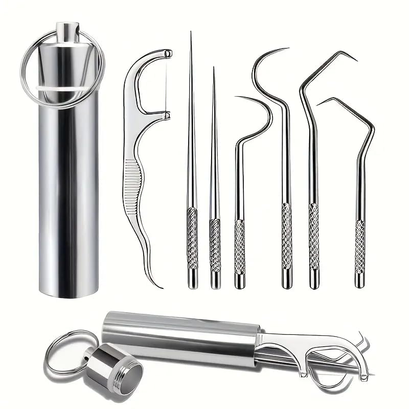 TAKSH ENTERPRISE Dental Tools, 6 in 1 Stainless Steel Teeth Cleaning Tool Kit, Toothpicks Teeth Cleaning Picks Flosser for Teeth Braces Cleaning Tools Reuseable Toothpicks-image-1