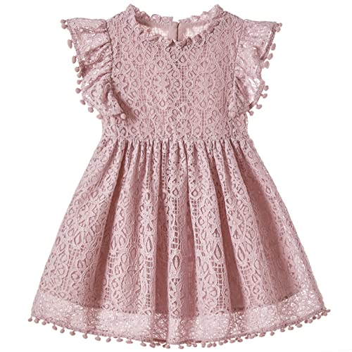 Image of Niyage Toddler Girls Elegant Lace Pom Pom Flutter Sleeve Party Princess Dress