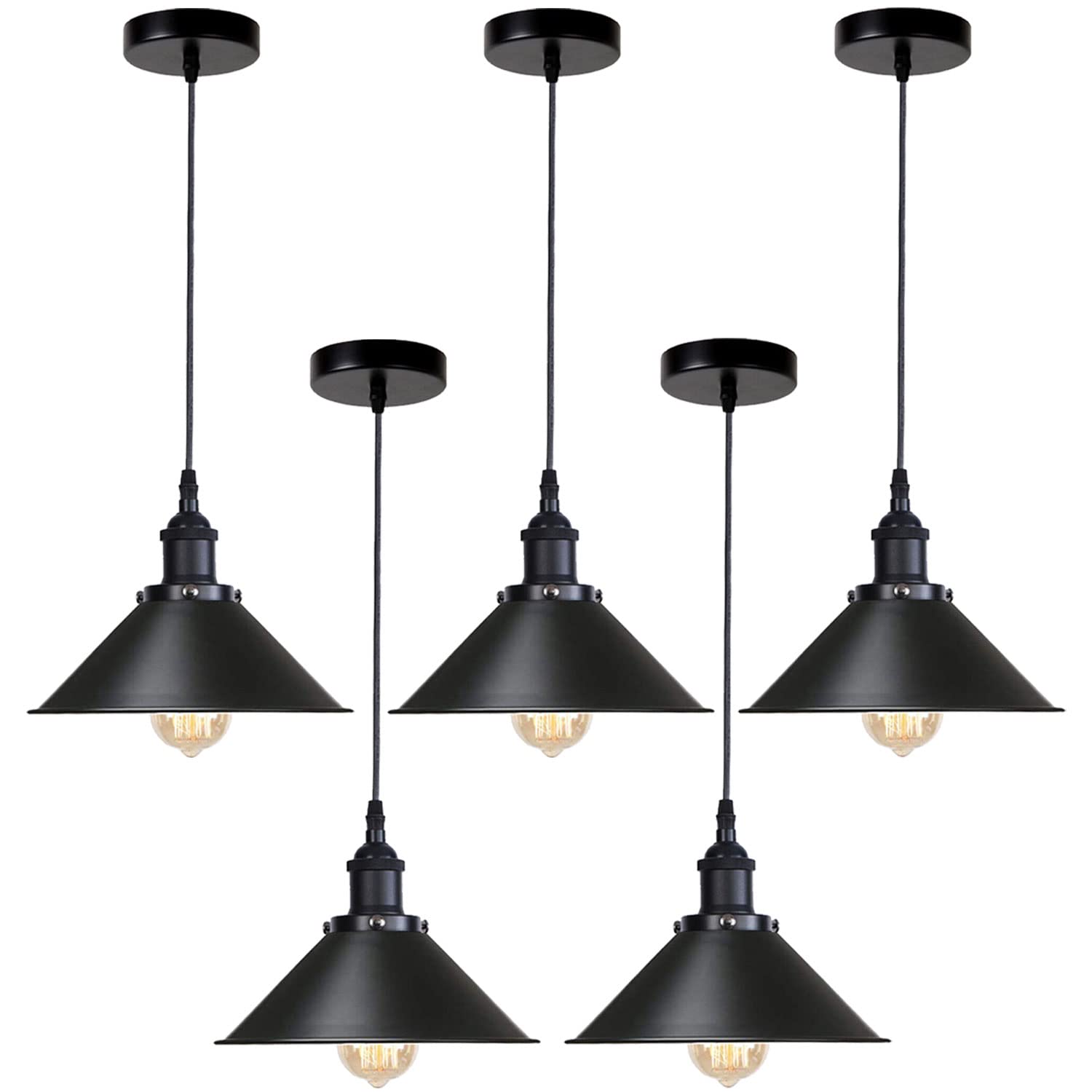 LEDSone 5 Pack Black Ceiling Pendant Light Fitting, Vintage 22cm Metal Cone Light Shade, Island Hanging E27 Screw Bulb Holder, 100cm Adjustable Cable, 10cm Ceiling Rose for Kitchen Living Room Home