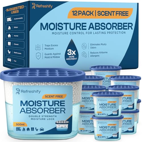 Premium Moisture Absorbers and Dehumidifier Tubs – High-Efficiency Closet Dehumidifier and Dehumidifier for Car, Odor Control Fragrance Free, 12 Pack, 7.5 Oz