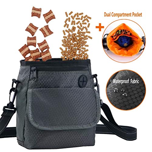 HANWELL Futterbeutel für Hunde Leckerlies, Hundeleckerlitasche mit Poop Spender-Verstellbarer Taillen/Schulterriemen, Mehrfachtaschen für Tragende Hunde Kibble und Spielzeug (Grey, Fußballmuster)