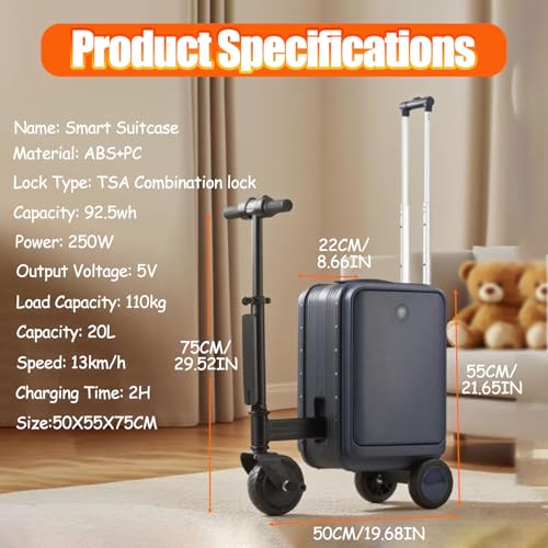 Image of Electric Rideable Smart Suitcase 20L Carry-On, Smart Riding Scooter Luggage for Adults, with Removable Battery, 110KG Load Capacity Yellow
