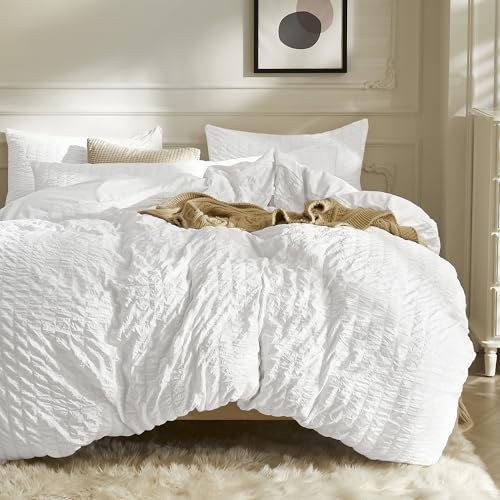 Image of JELLYMONI Bright White Duvet Cover Full Size, 3pcs Washed Microfiber Bedding Set, Soft Breathable Seersucker Duvet Cover Set with Zipper Closure and Corner Ties for All Seasons
