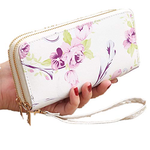 Preisvergleich Produktbild WESEEDOO Geldbörse Damen Lange Damen Geldbörse Leder Brieftasche Kreditkarteninhaber Blumenmuster Geldbörse Mit Reißverschluss Große Kapazität Handtasche Handytasche 1 stück Purple