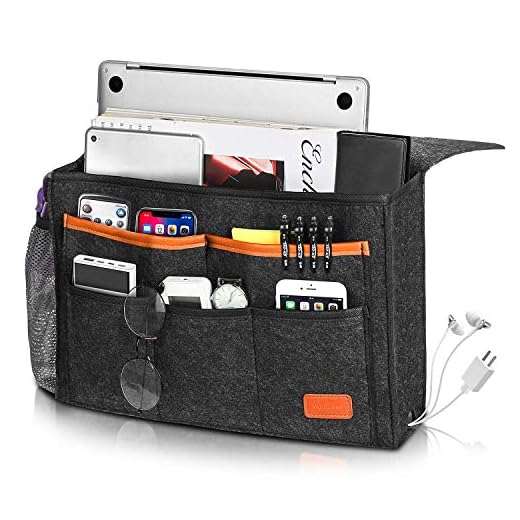 Bedside Caddy, Large Size 15.7''x9.8'' inch for Bed Storage Organizer, Bed Hanging Caddy with 8 Pockets for Laptop, Magazine, Remote Holder, using in dorm, Bed, Kids Storage Organizer Gift, Dark Gray