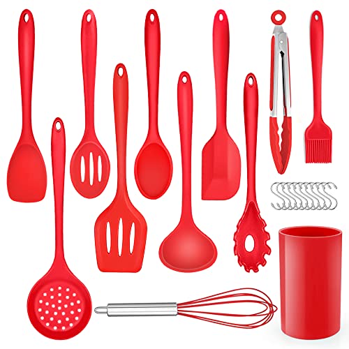 Herogo Set di utensili da cucina, 22 utensili da cucina in silicone con supporto, utensili da cucina, resistente al calore e antigraffio, lavabile in lavastoviglie (rosso)