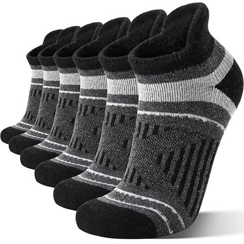 EBMORE Calcetines de Senderismo de Merino, Cortos de Sneakers, Gruesos de Lana, para Correr, de Compresión, Térmicos, Regalos, de Invierno para Hombres y Mujeres, 6 Pares. (Flecha Negra, L)